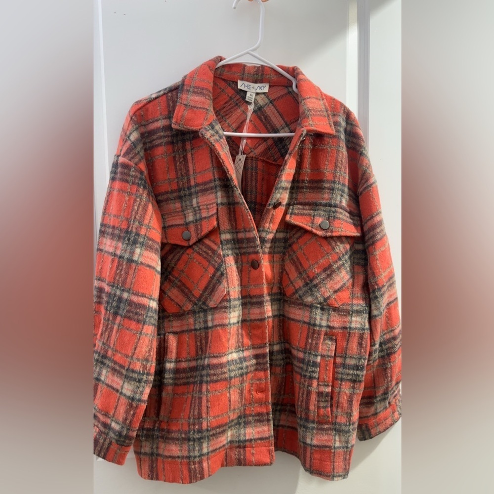 NEW She and Sky Button Up Top Jacket Orange Plaid Heavy Size Medium NWT - Picture 2 of 6